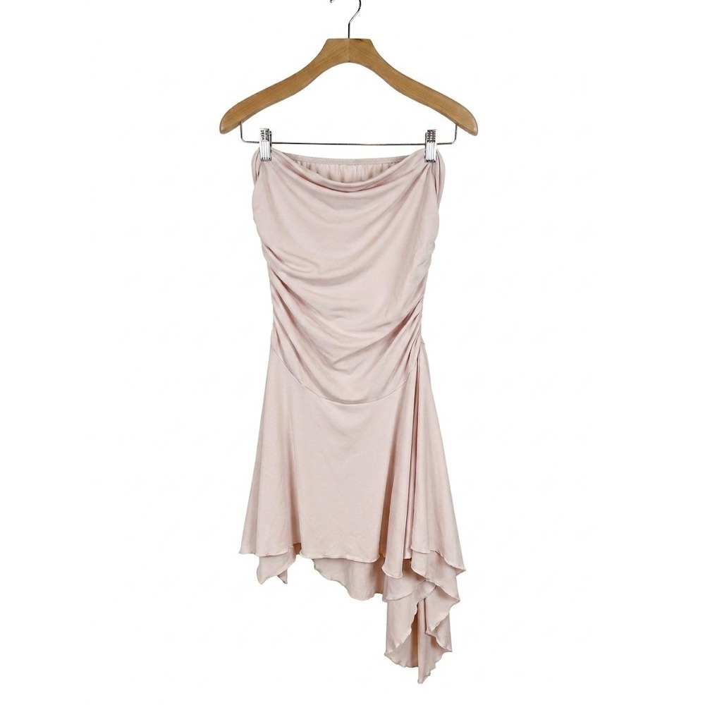 Women Cream Balletcore Strapless Ruched Asymmetric Handkerchief‎ Hem Mini Dress